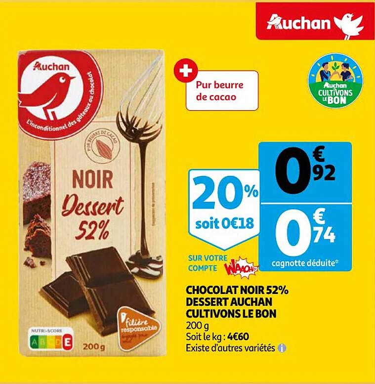 chocolat noir 52% dessert auchan cultivons le bon