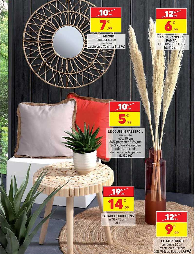 le miroir, les 3 branches pampa fleurs séchées, le coussin passepoil, la table bouchons, le tapis rond