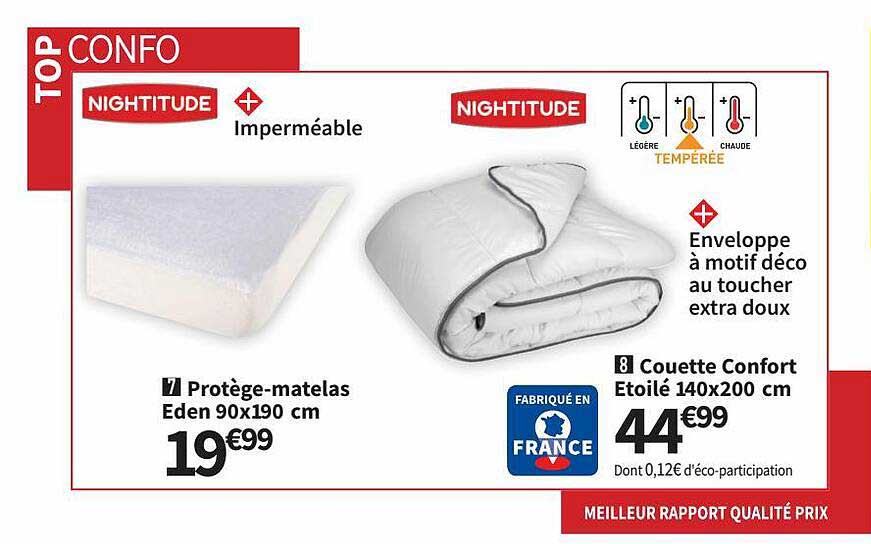 protège-matelas eden 90 x 190 cm nightitude, couette confort étoilé 140 x 200 cm nightitude