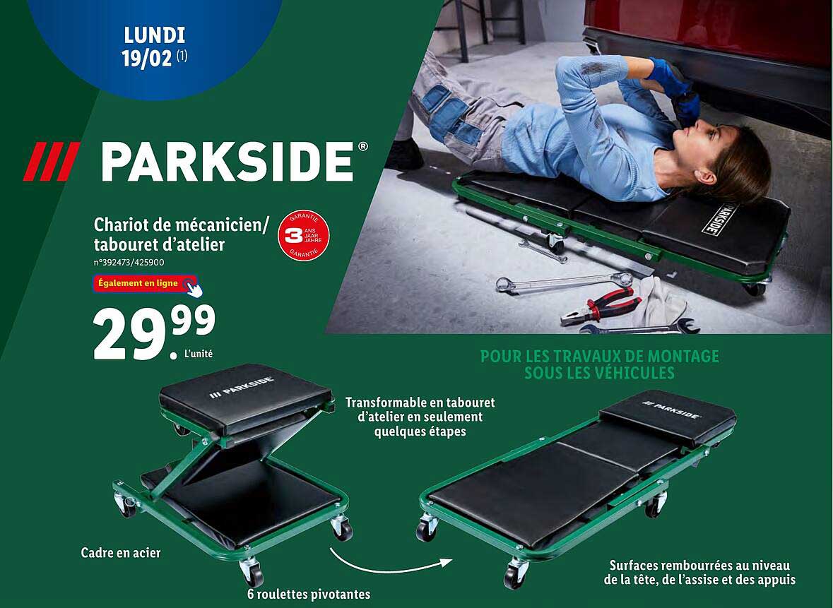 chariot de mécanicien/tabouret d'atelier parkside