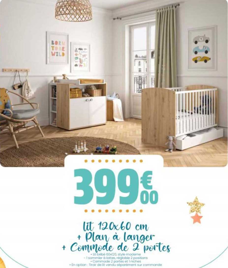 Lit 120 X 60 Cm + Plan à Langer + Commode De 2 Portes