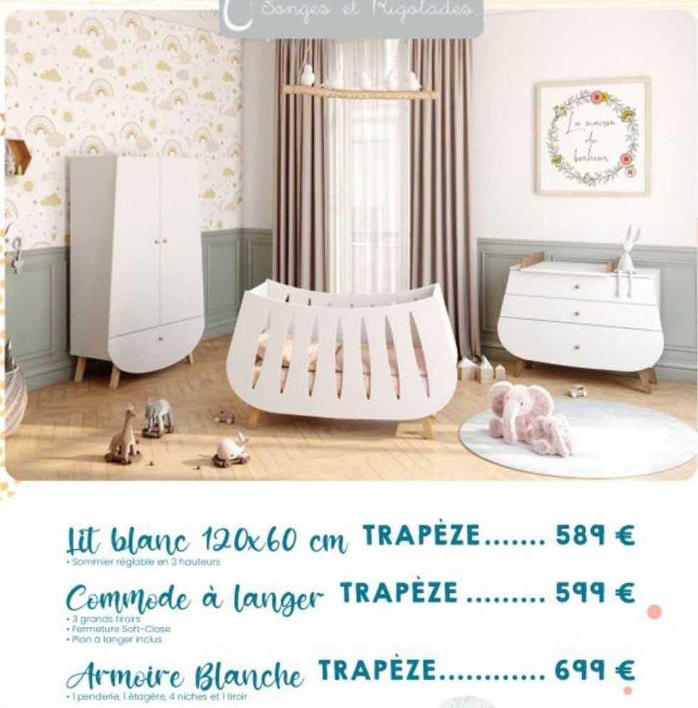 lit blanc 120 x 60 cm trapèze, commode à langer trapèze, armoire blanche trapèze