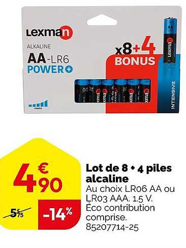 lot de 8 + 4 piles alcaline lexman