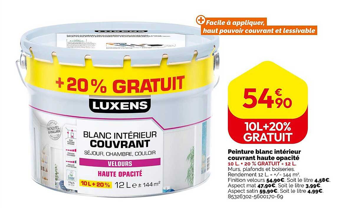peinture blanc intérieur couvrant haute opacité luxens