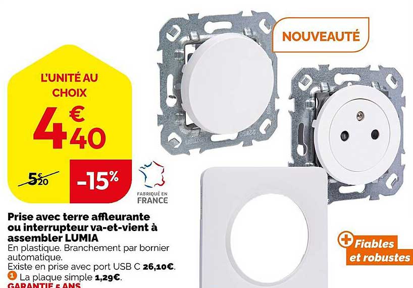 prise avec terre affleurante ou interrupteur va-et-vient à assembler lumia