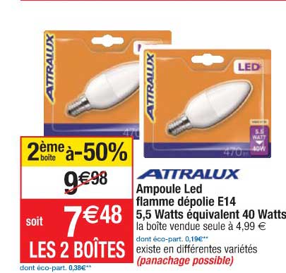 ampoule led flamme dépolie e14 5,5 watts équivalent 40 watts attralux