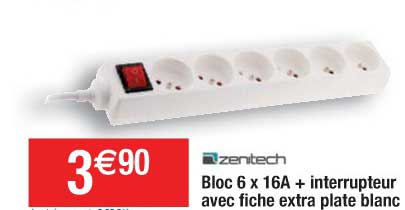 bloc 6 x 16a + interrupteur avec fiche extra plate blanc zentech