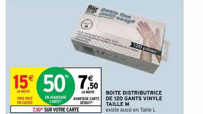 boîte distributrice de 120 gants vinyle taille m