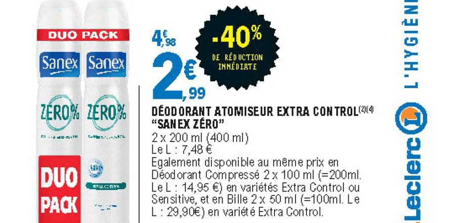 déodorant atomiseur extra control sanex zéro -40% de réduction immédiate
