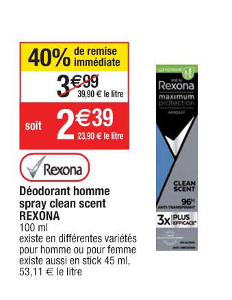 déodorant homme spray clean scent rexona