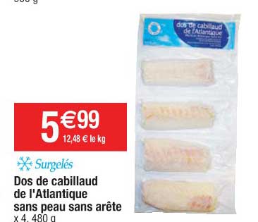 dos de cabillaud de l'atlantique sans peau sans arête