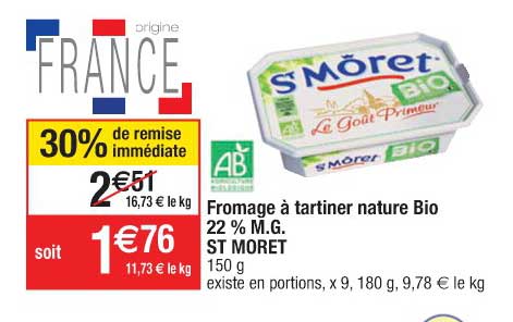fromage à tartiner nature bio 22% m.g. st moret