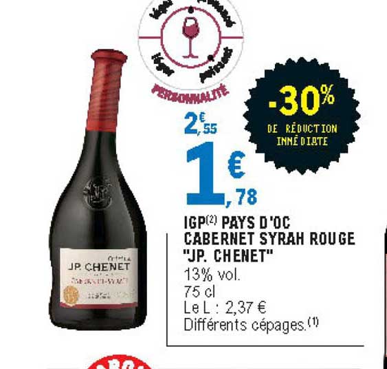 igp pays d'oc cabernet syrah rouge jp. chenet -30% de réduction immédiate