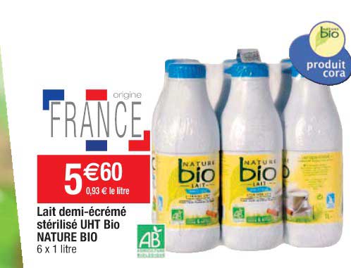 lait demi-écrémé stérilisé uht bio nature bio