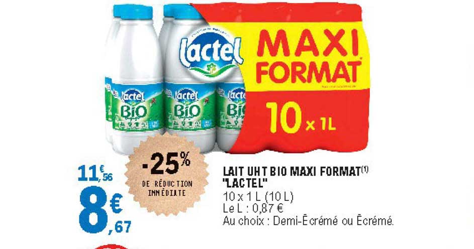 lait uht bio maxi format lactel -25% de réduction immédiate