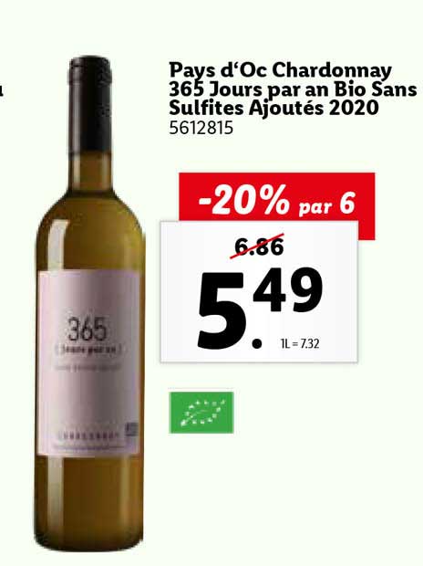 pays d'oc chardonnay 365 jours par an bio sans sulfites ajoutés 2020