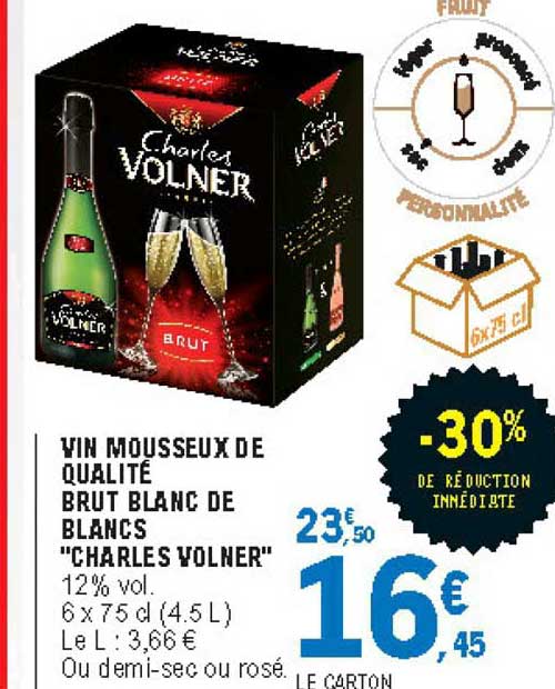 Vin Mousseux De Qualité Brut Blanc De Blancs Charles Volner -30% De Réduction Immédiate