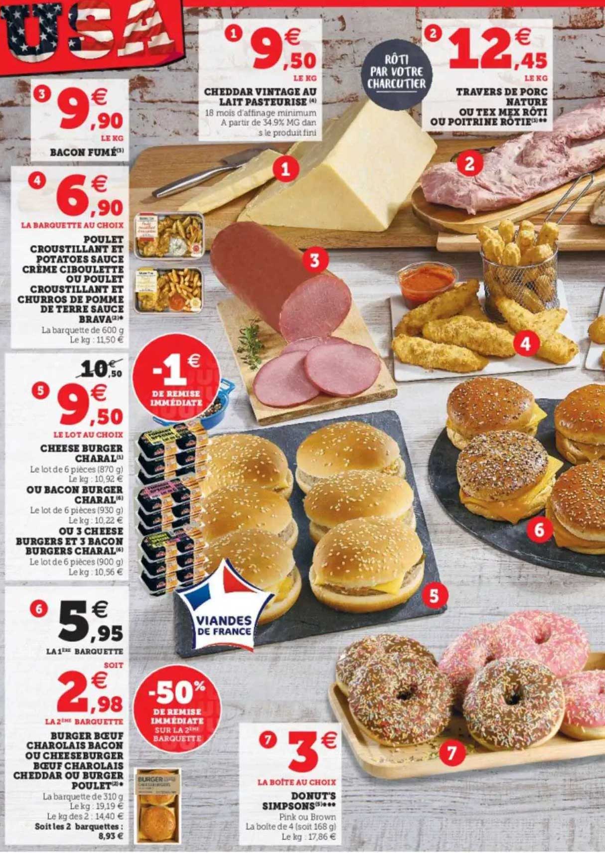 bacon fumé, poulet croustillant et potatoes sauce crème ciboulette ou poulet croustillant et churros de pomme de terre sauce brava, cheese burger charal  ou 3 cheese burgers et 3 bacon burgers charal