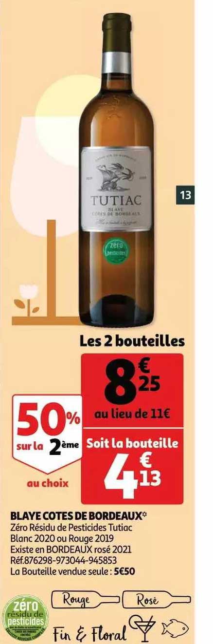 blaye côtes de bordeaux zéro résidu de pesticides tutiac blanc 2020 ou rouge 2019