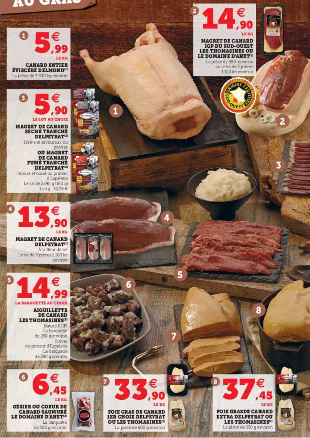 canard entier éviscéré delmond, magret de canard séché tranché delpeyrat ou magret de canard fumé tranche delpeyrat, magret de canard delpeyrat, aiguillette de canard les thomasines, gésier ou cœur