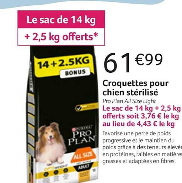 croquettes pour chien stérilisé pro plan all size light