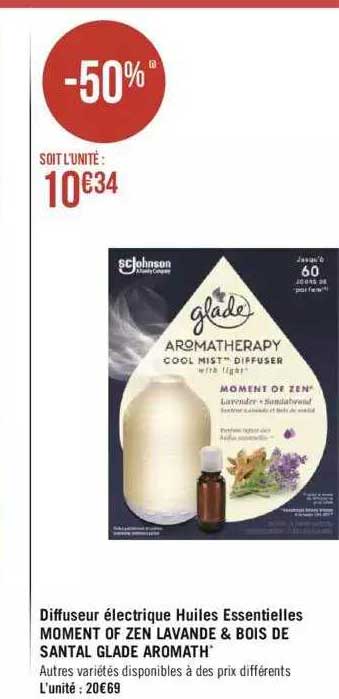 diffuseur électrique huiles essentielles moment of zen lavande & bois de santal glade aromath