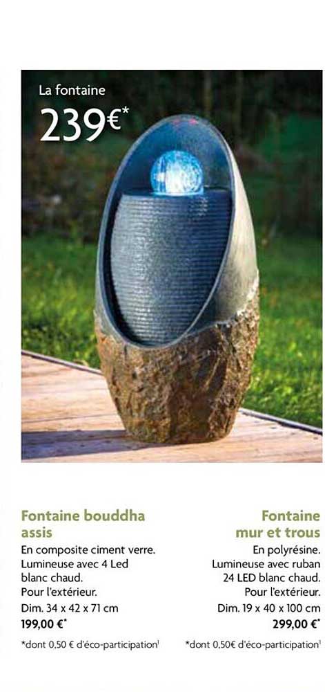 fontaine bouddha assis, fontaine mur et trous