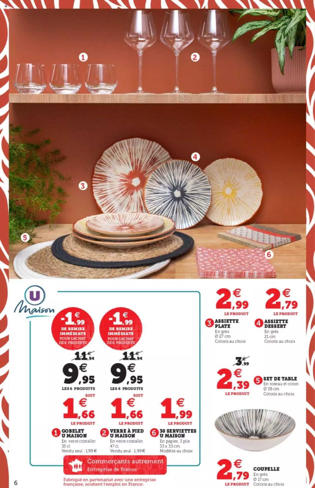 gobelet u maison, verre à ped u maison, 10 serviettes u maison, assiette plats, assiette dessert, set de table, coupelle