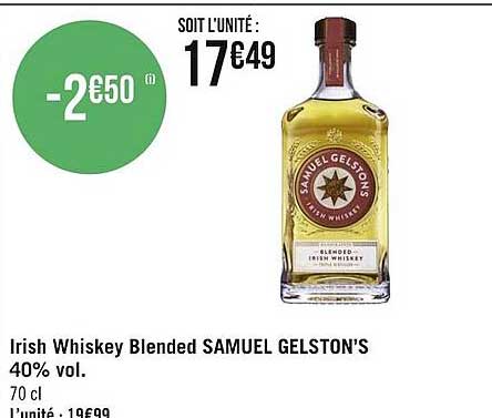 irish whiskey blended samuel gelston's 40% vol.