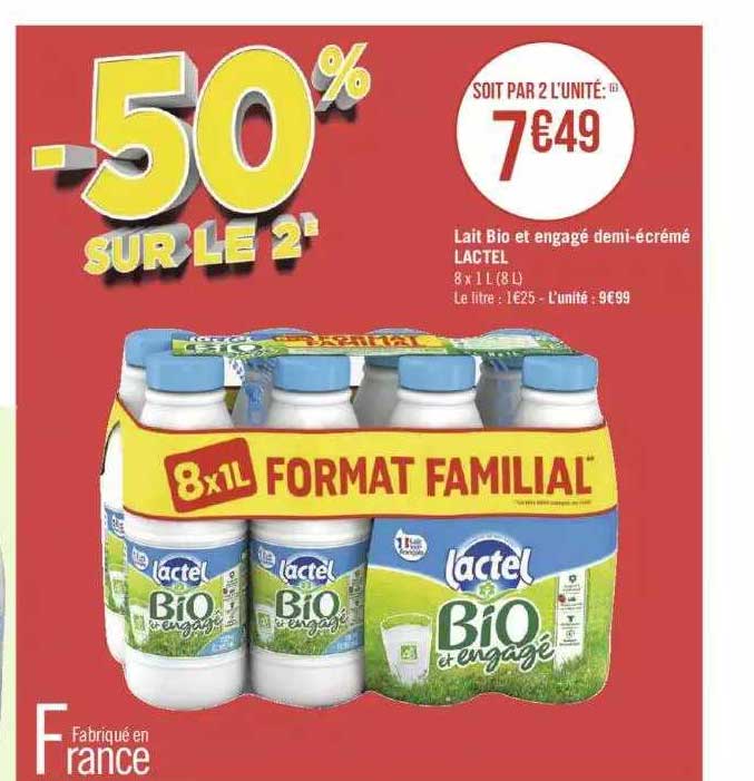 lait bio et engagé demi-écrémé lactel