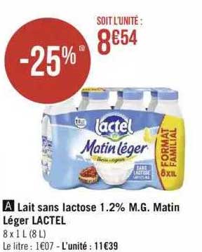 lait sans lactose 1.2% m.g. matin léger lactel