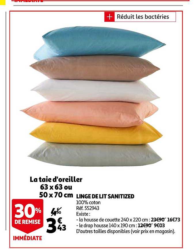 linge de lit santitized : la taie d'oreiller 63 x 63 ou 50 x 70 cm