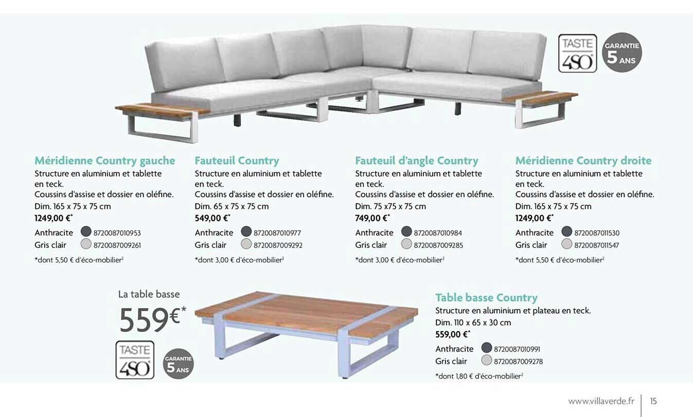 méridienne country gauche, fauteuil country, fauteuil d'angle country, méridienne country droite, table basse country