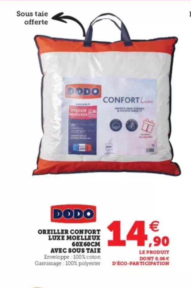 oreiller confort luxe moelleux 60 x 60 cm avec sous taie dodo