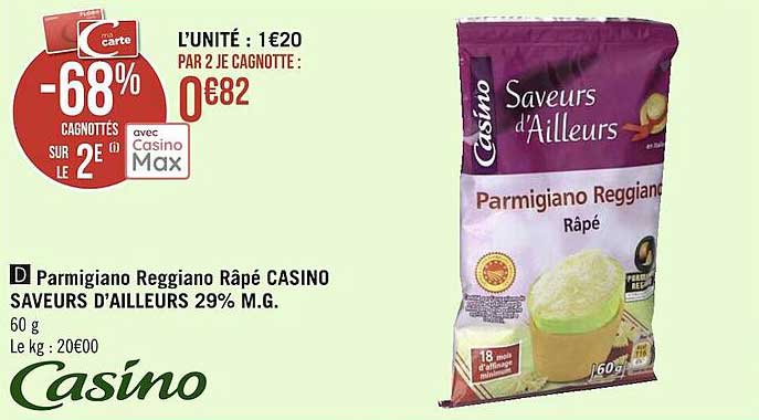 parmigiano reggiano râpé casino saveurs d'ailleurs 29% m.g.