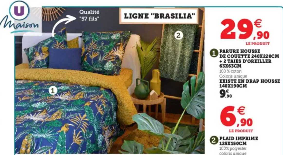 parure housse de couette 240 x 220 cm + 2 taies d'oreiller 63 x 63 cm, drap housse 140 x 190 cm, plaid imprimé 125 x 150 cm