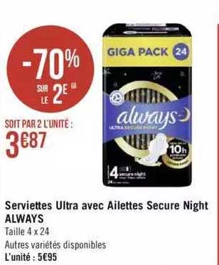 serviettes ultra avec ailettes secure night always