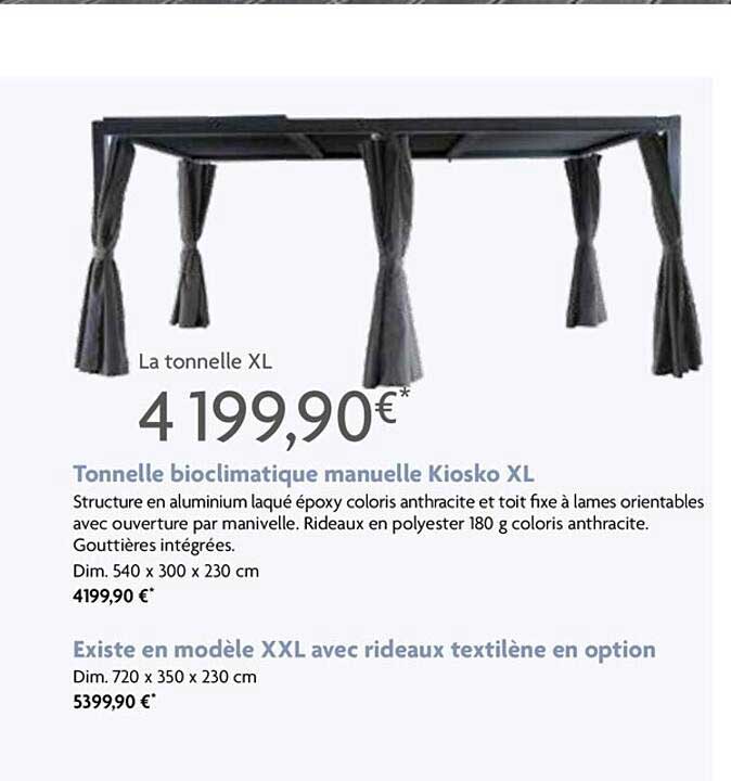tonnelle bioclimatique manuelle kiosko xl, xxl avec rideaux textilène en option
