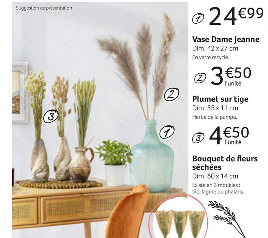 vase dame jeanne, plumet sur tige, bouquet de fleurs séchées