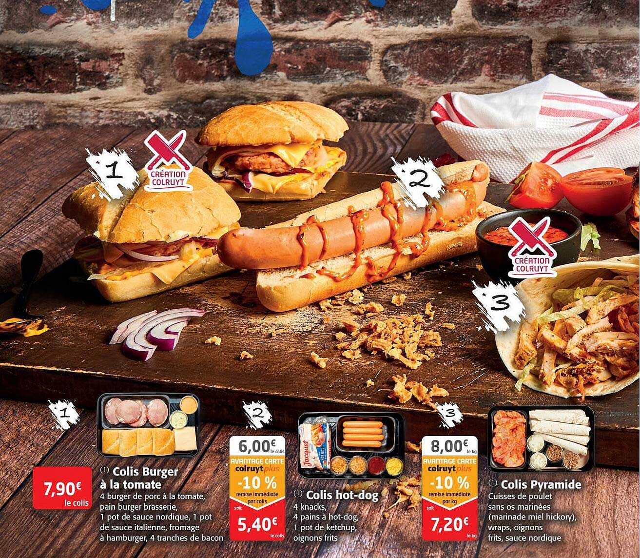 colis burger à la tomate, colis hot-dog, colis pyramide