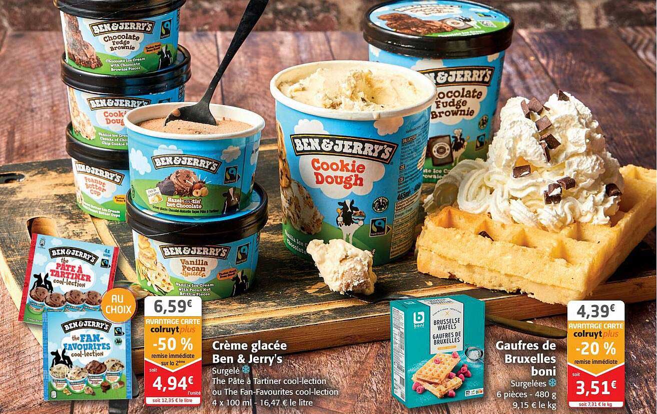 crème glacée ben & jerry's, gaufres de bruxelles boni