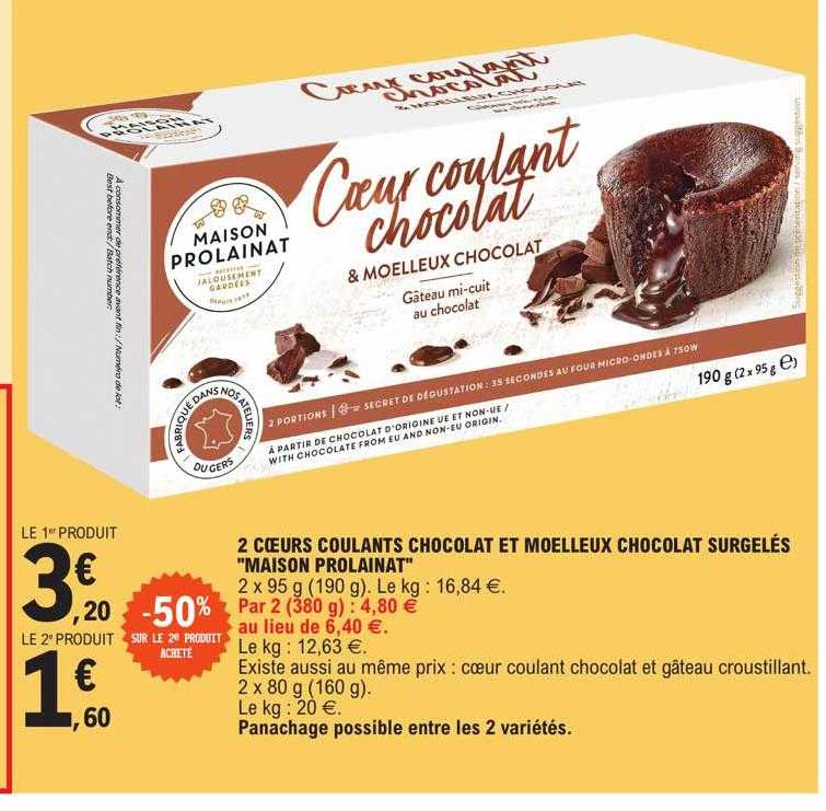 2 cœurs coulants chocolat et moelleux chocolat surgelés "maison prolainat"