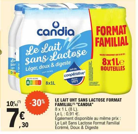 le lait uht sans lactose format familial "candia"
