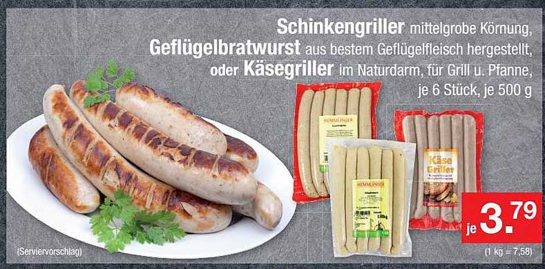 schinkengriller, geflügelbratwurst oder käsegriller