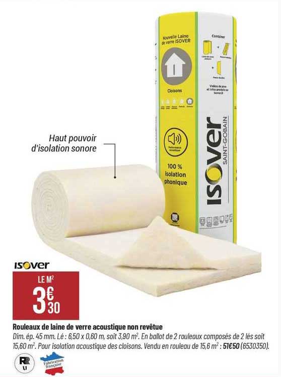 rouleaux de laine de verre acoustique non revêtue isover