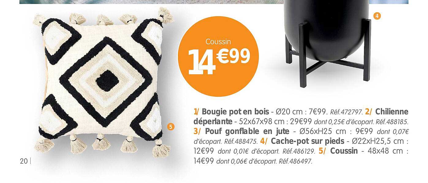 bougie pot en bois, chilienne déperlante, pouf gonflable en jute, cache-pot sur pieds, coussin