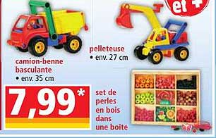 camion-benne basculante, pelleteuse, set de perles en bois dans une boîte