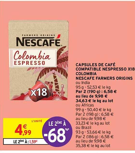capsules de café compatible nespresso x18 colombia nescafe farmers origins