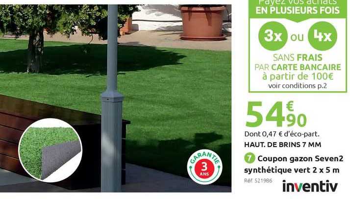 coupon gazon seven2 synthétique vert 2 x 5 m inventiv