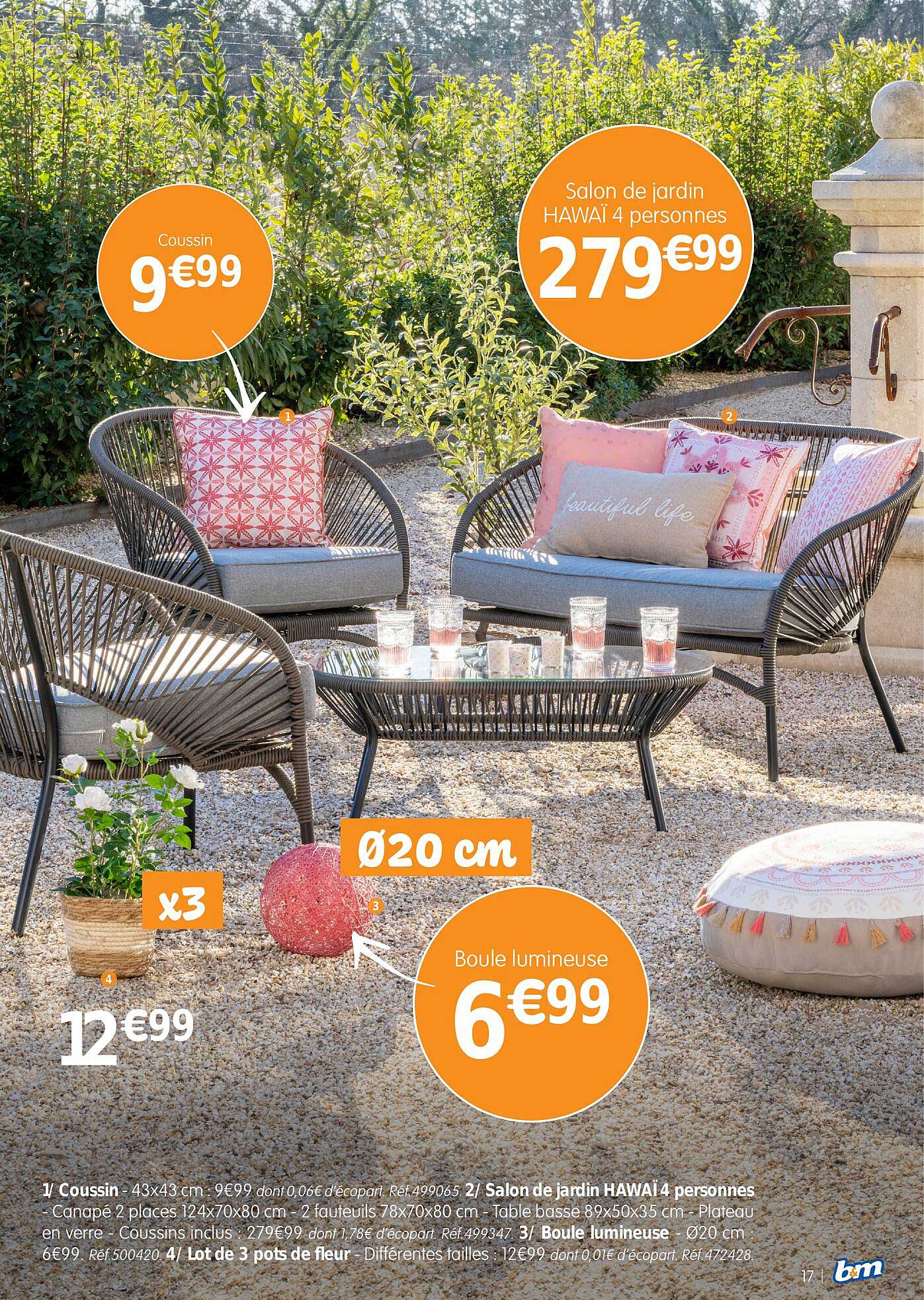 coussin, salon de jardin hawaï 4 personnes, boule lumineuse, lot de 3 pots de fleur